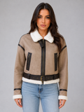 Suede Look Cropped Aviator Jacket – Teddy Lined Biker Coat