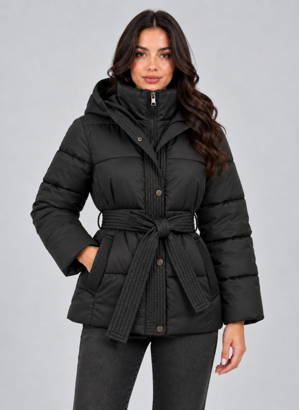 Hooded Puffer Jacket – Quilted Belted Winter Coat