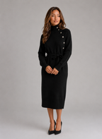 Cotton Knitted Midi Dress – Roll Neck Belted Jumper Dress