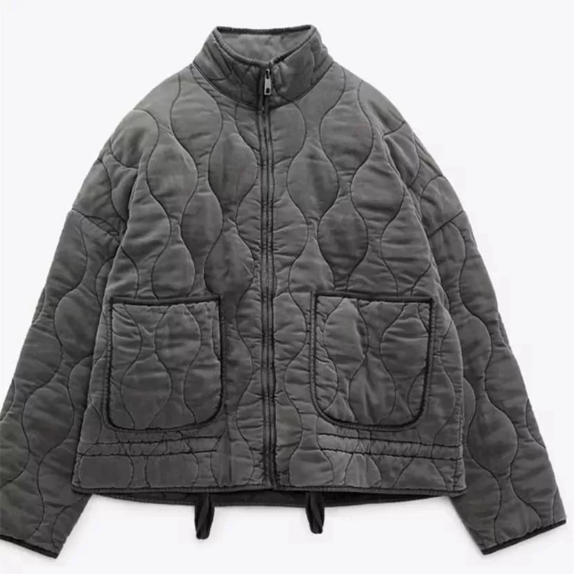 Quilted Jacket with High Collar and Patch Pockets