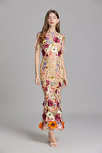 Floral 3D Appliqué Midi Dress