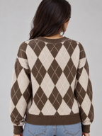 Argyle Knit Jumper – Crew Neck Long Sleeve Diamond Pattern Sweater