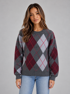 Argyle Pattern Knit Jumper – Crew Neck Long Sleeve Sweater