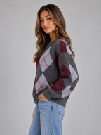 Argyle Pattern Knit Jumper – Crew Neck Long Sleeve Sweater