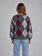 Argyle Pattern Knit Jumper – Crew Neck Long Sleeve Sweater