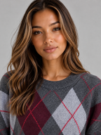 Argyle Pattern Knit Jumper – Crew Neck Long Sleeve Sweater