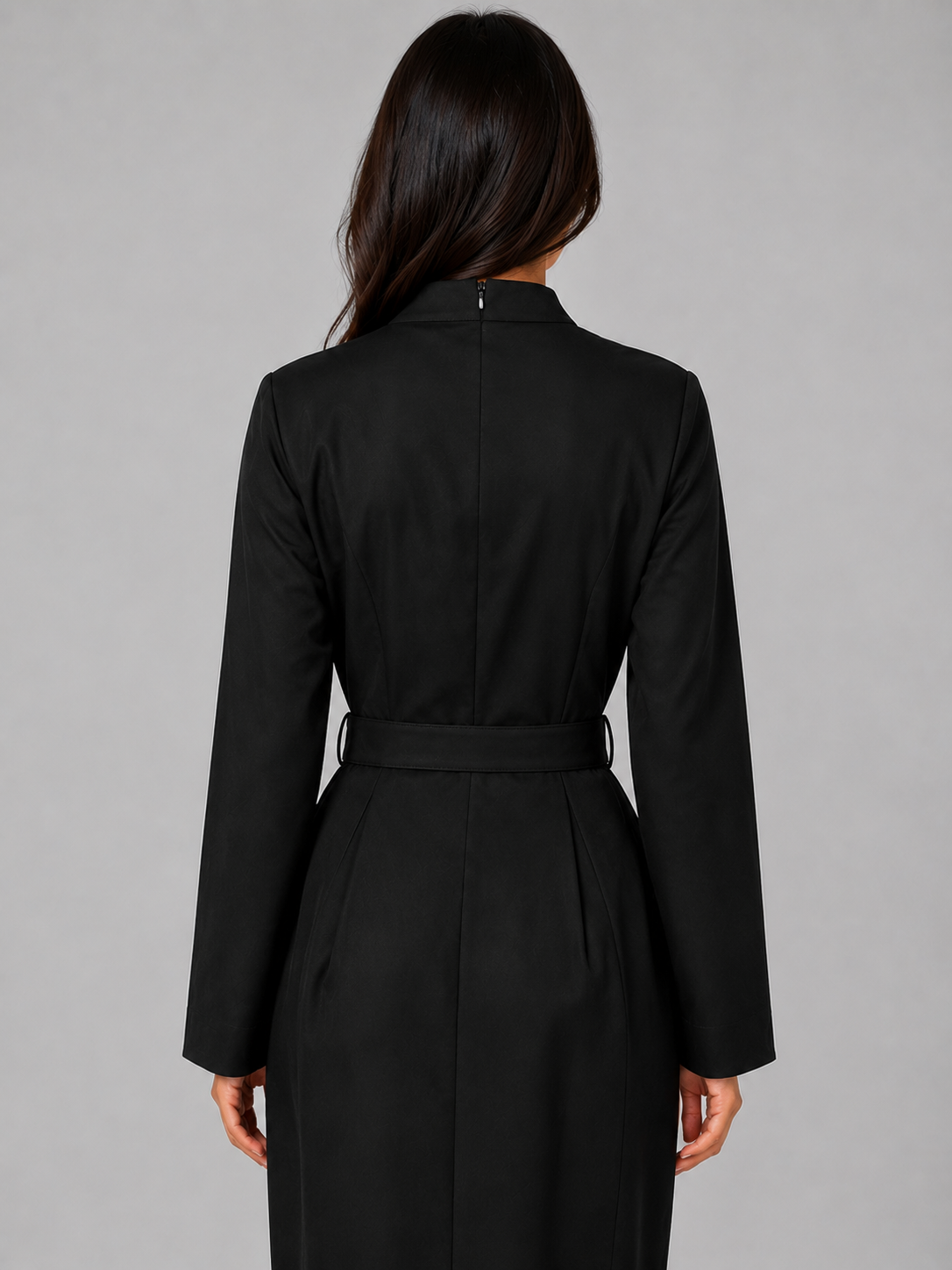 Belted Midi Dress – V-Neck Tailored Long Sleeve