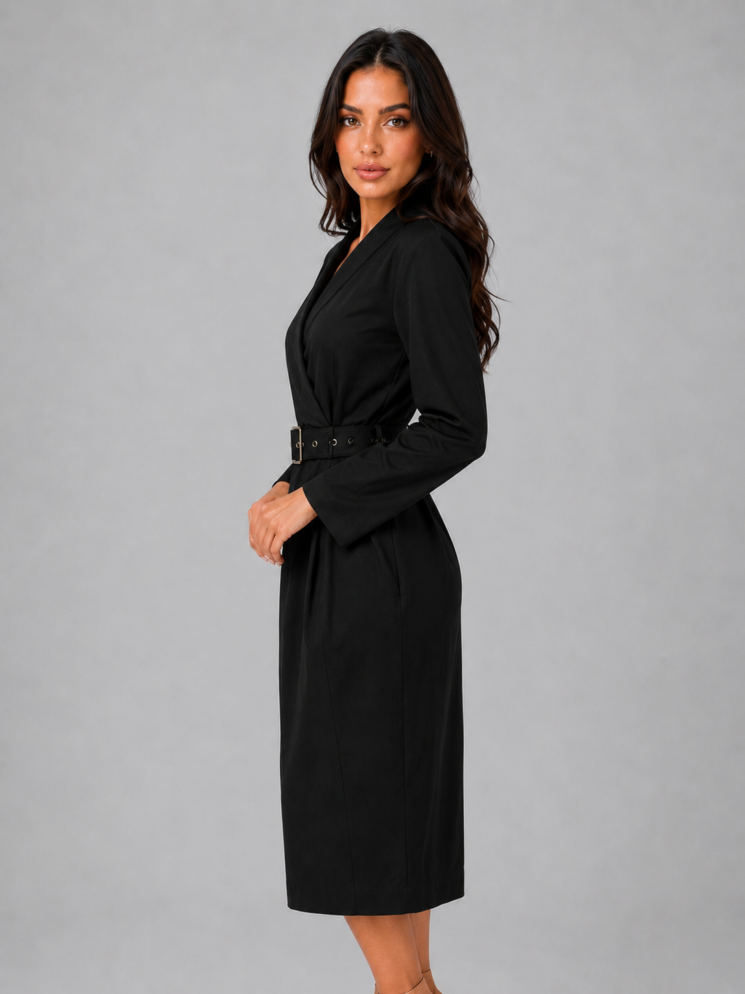 Belted Midi Dress – V-Neck Tailored Long Sleeve