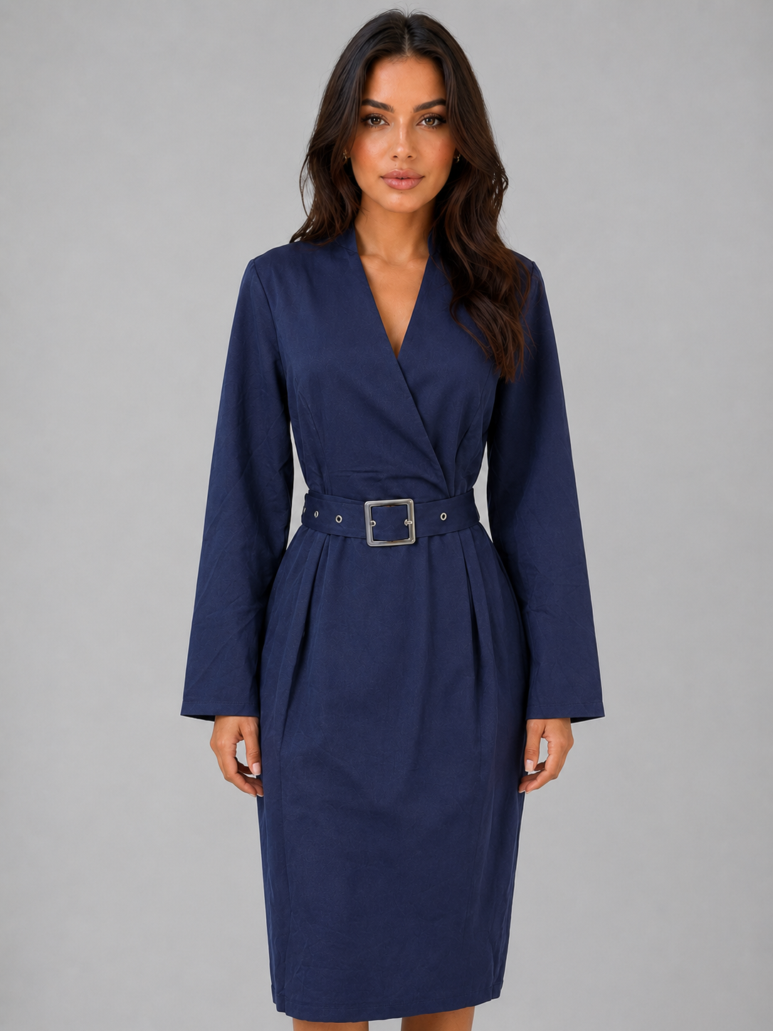Belted Midi Dress – V-Neck Tailored Long Sleeve