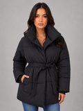 Belted Puffer Jacket – High Collar Padded Winter Coat