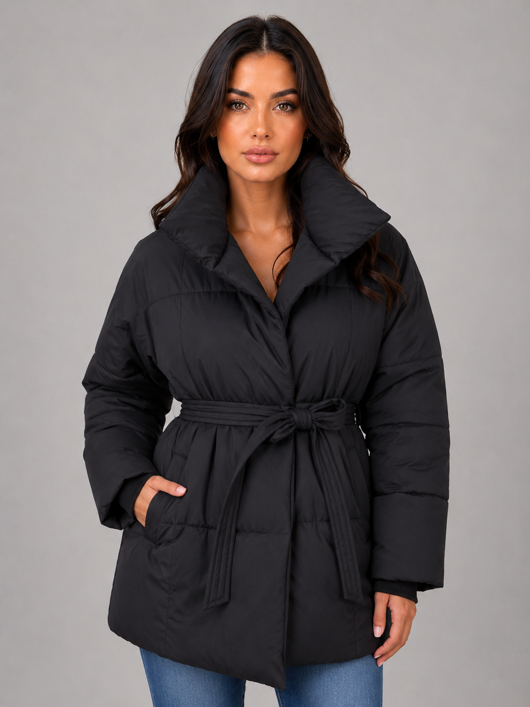 Belted Puffer Jacket – High Collar Padded Winter Coat