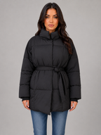 Belted Puffer Jacket – High Collar Padded Winter Coat