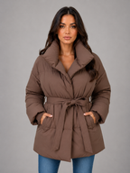 Belted Puffer Jacket – High Collar Padded Winter Coat
