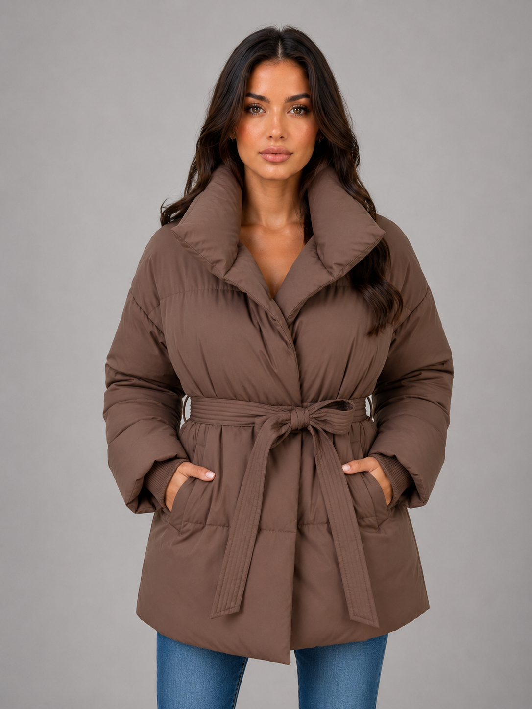 Belted Puffer Jacket – High Collar Padded Winter Coat