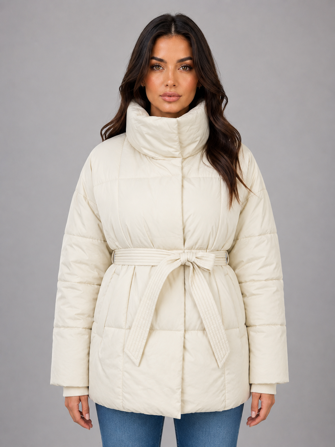 Belted Puffer Jacket – High Collar Padded Winter Coat