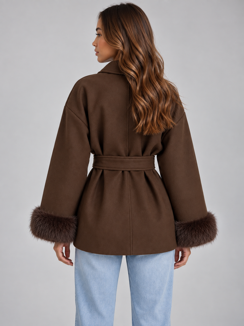 Belted Wrap Coat – Faux Fur Cuff Short Jacket