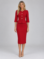 Tailored Peplum Blazer & Pencil Skirt Co-Ord Set – Gold Button Two-Piece Suit
