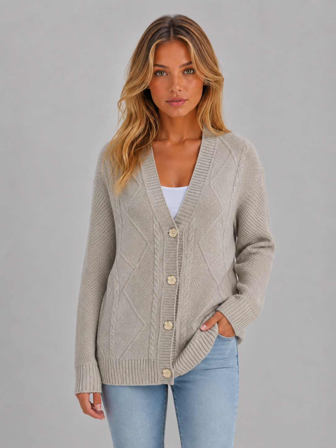 Cable Knit Button Cardigan – Soft V-Neck Knitted Style