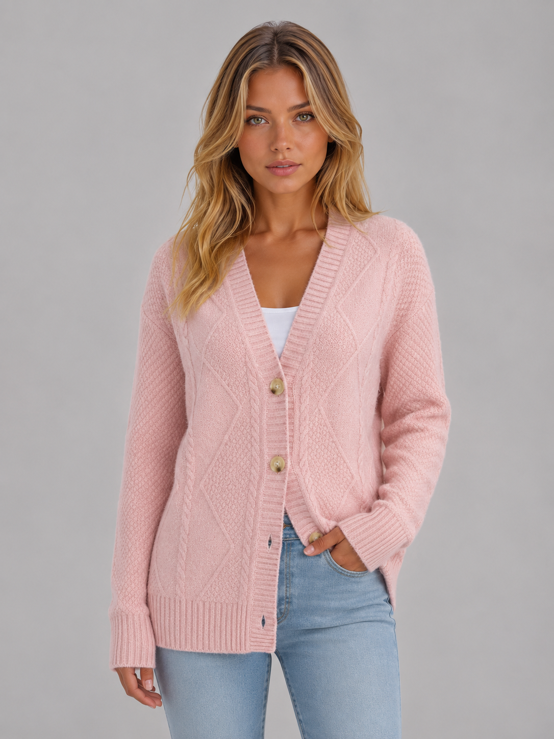 Cable Knit Button Cardigan – Soft V-Neck Knitted Style