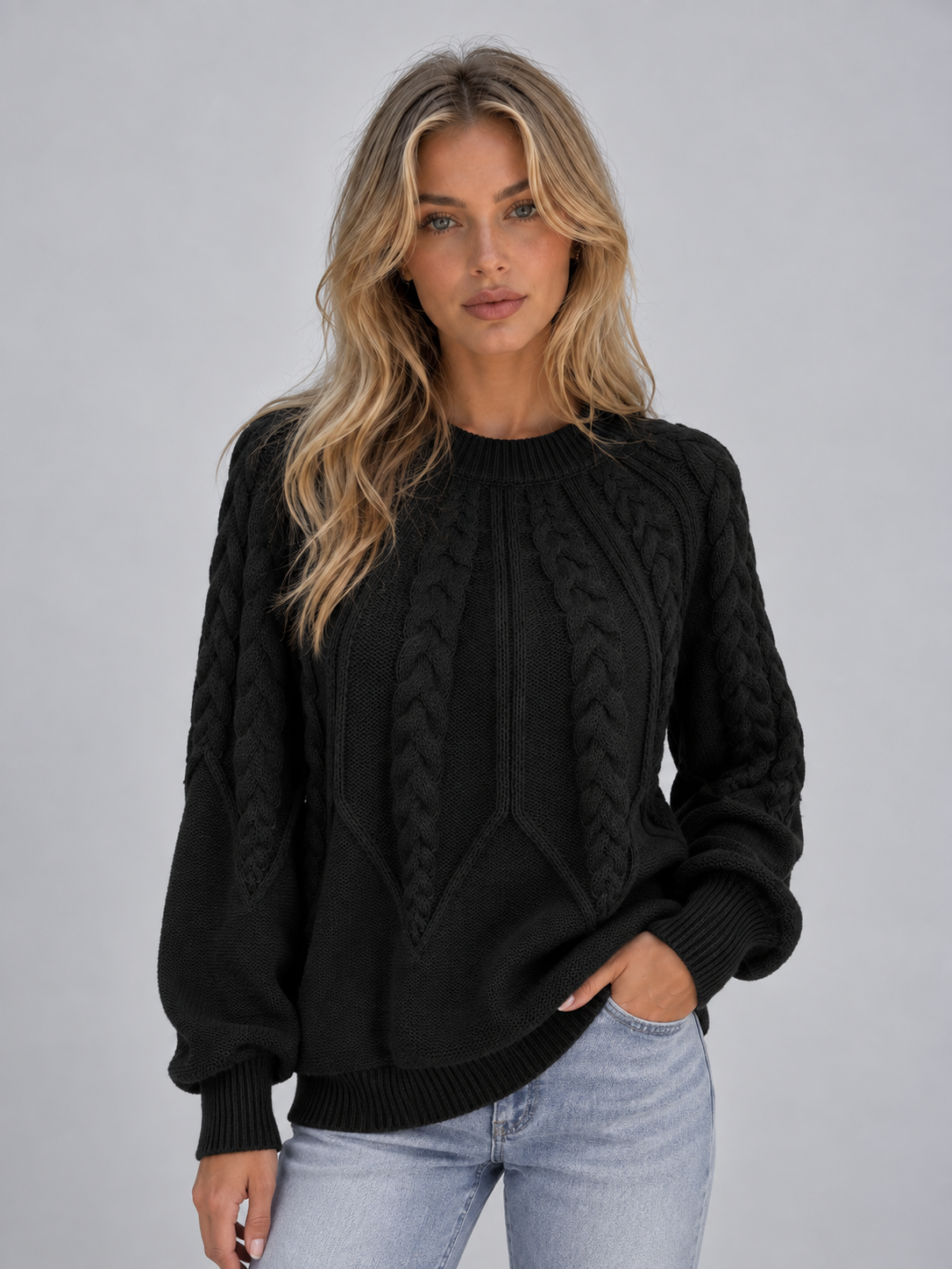 Cable Knit Jumper – Crew Neck Long Sleeve Knitted Sweater