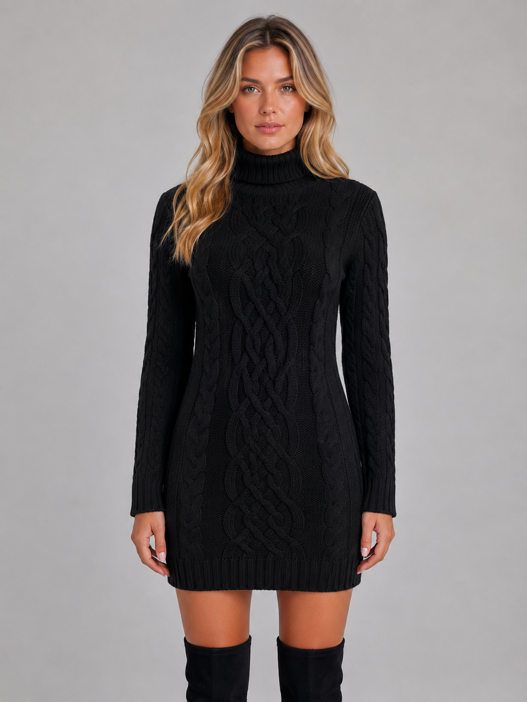 Cable Knit Jumper Dress – Roll Neck Winter Sweater Dress