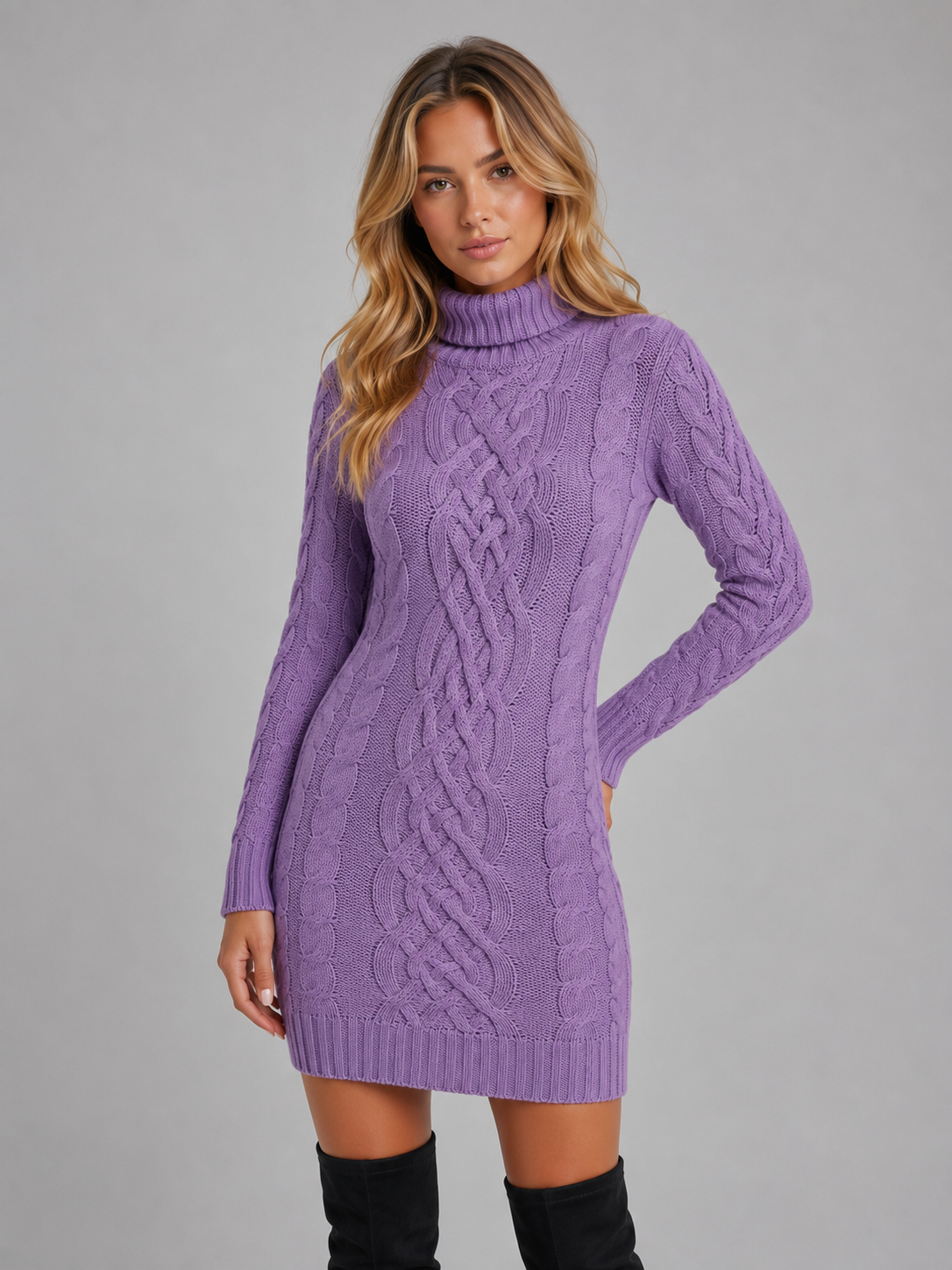 Cable Knit Jumper Dress – Roll Neck Winter Sweater Dress