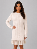 Cable Knit Jumper Mini Dress – Pleated Hem Long Sleeve