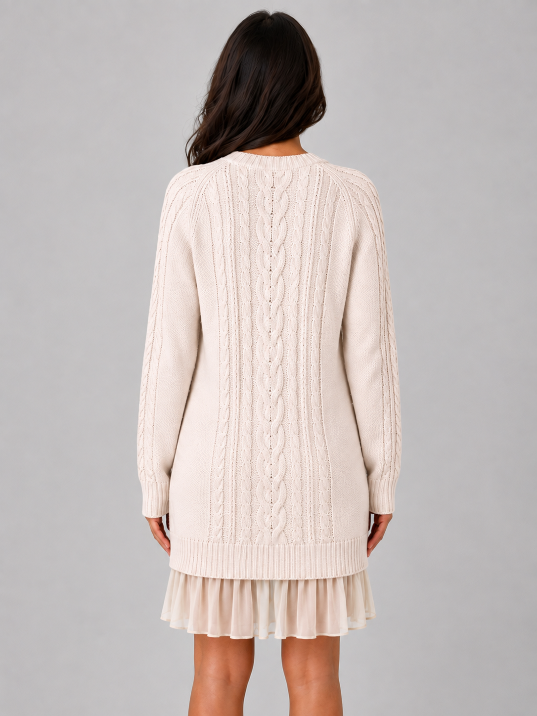 Cable Knit Jumper Mini Dress – Pleated Hem Long Sleeve