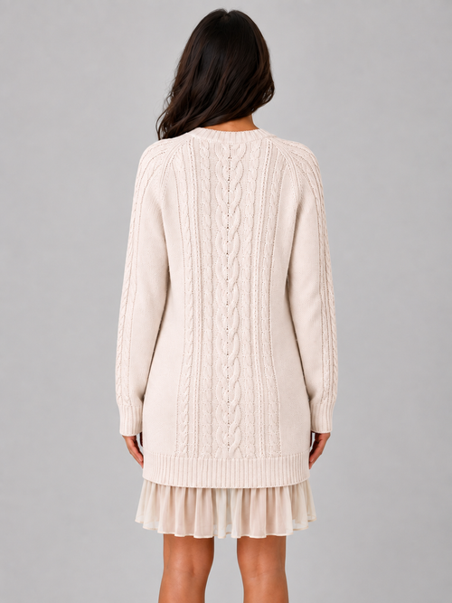 Cable Knit Jumper Mini Dress – Pleated Hem Long Sleeve