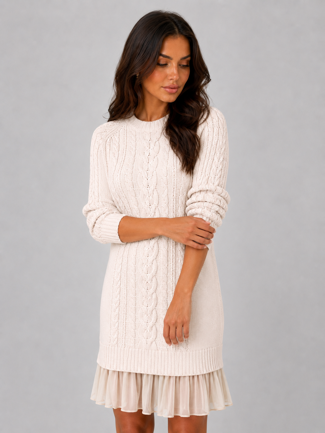 Cable Knit Jumper Mini Dress – Pleated Hem Long Sleeve