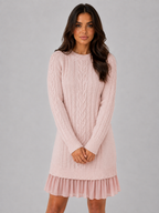 Cable Knit Jumper Mini Dress – Pleated Hem Long Sleeve