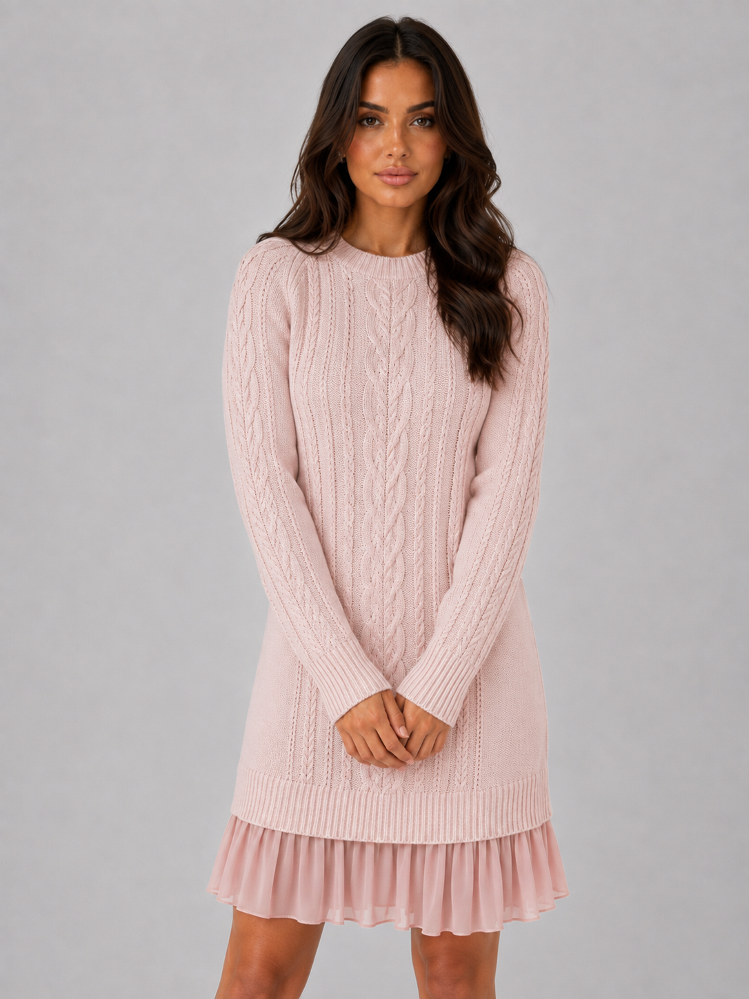 Cable Knit Jumper Mini Dress – Pleated Hem Long Sleeve