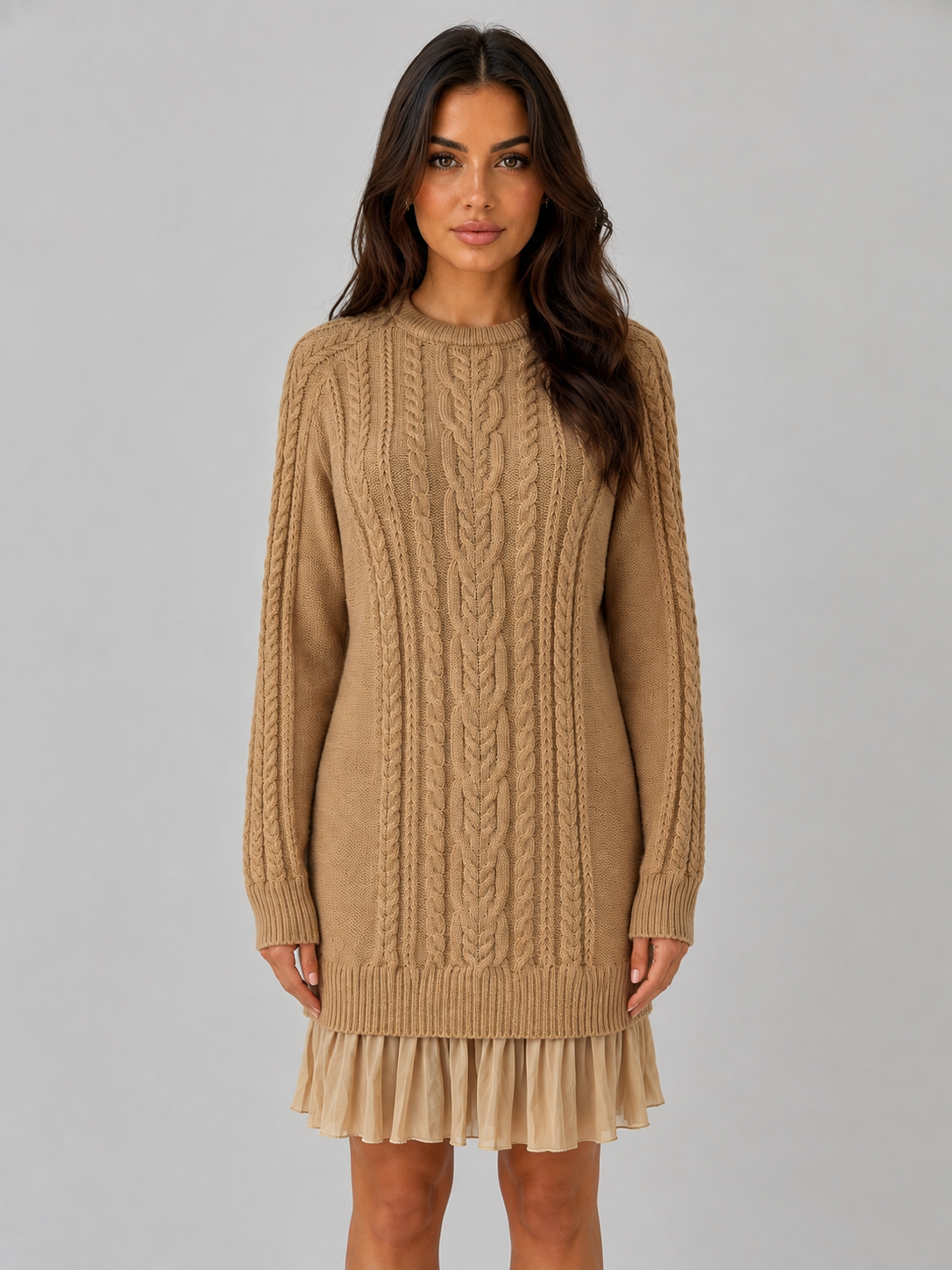 Cable Knit Jumper Mini Dress – Pleated Hem Long Sleeve