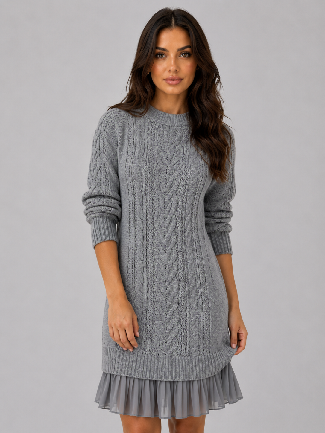 Cable Knit Jumper Mini Dress – Pleated Hem Long Sleeve