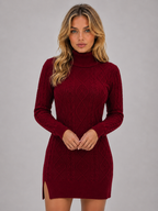 Cable Knit Jumper Mini Dress – Roll Neck Long Sleeve