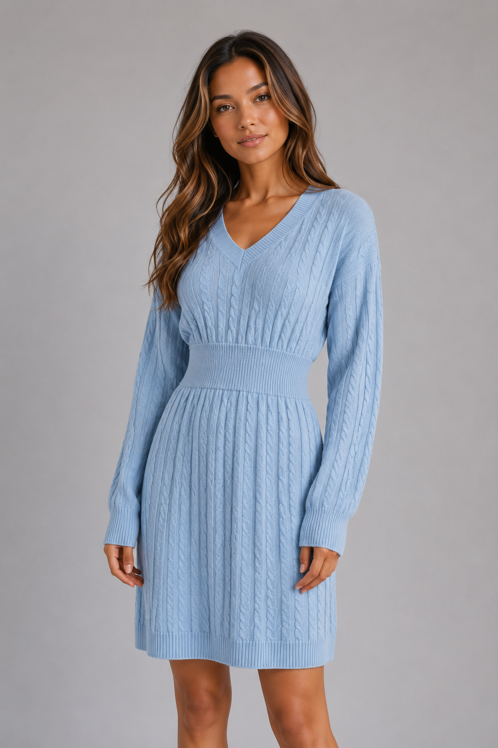 Cable Knit Midi Dress – V-Neck Shirred Waist Fit