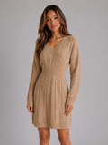 Cable Knit Midi Dress – V-Neck Shirred Waist Fit