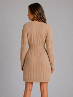 Cable Knit Midi Dress – V-Neck Shirred Waist Fit