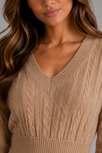 Cable Knit Midi Dress – V-Neck Shirred Waist Fit