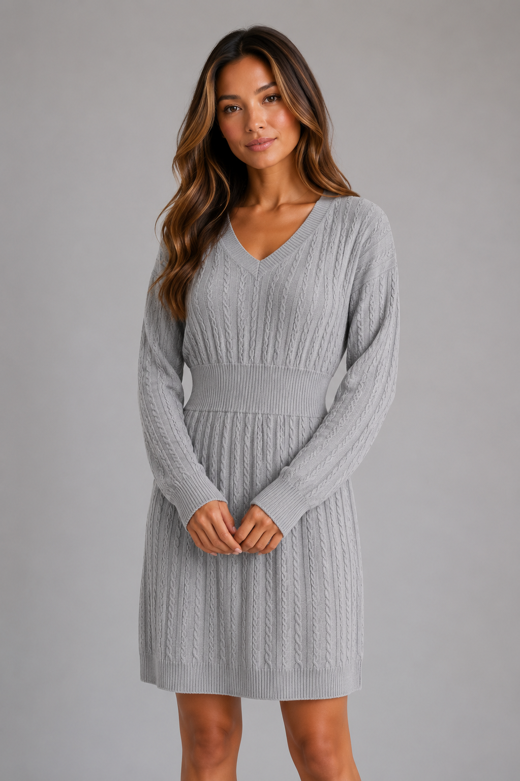 Cable Knit Midi Dress – V-Neck Shirred Waist Fit