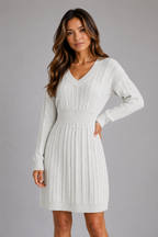 Cable Knit Midi Dress – V-Neck Shirred Waist Fit