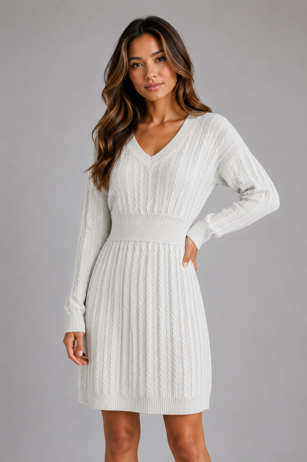 Cable Knit Midi Dress – V-Neck Shirred Waist Fit