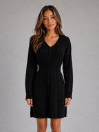 Cable Knit Midi Dress – V-Neck Shirred Waist Fit