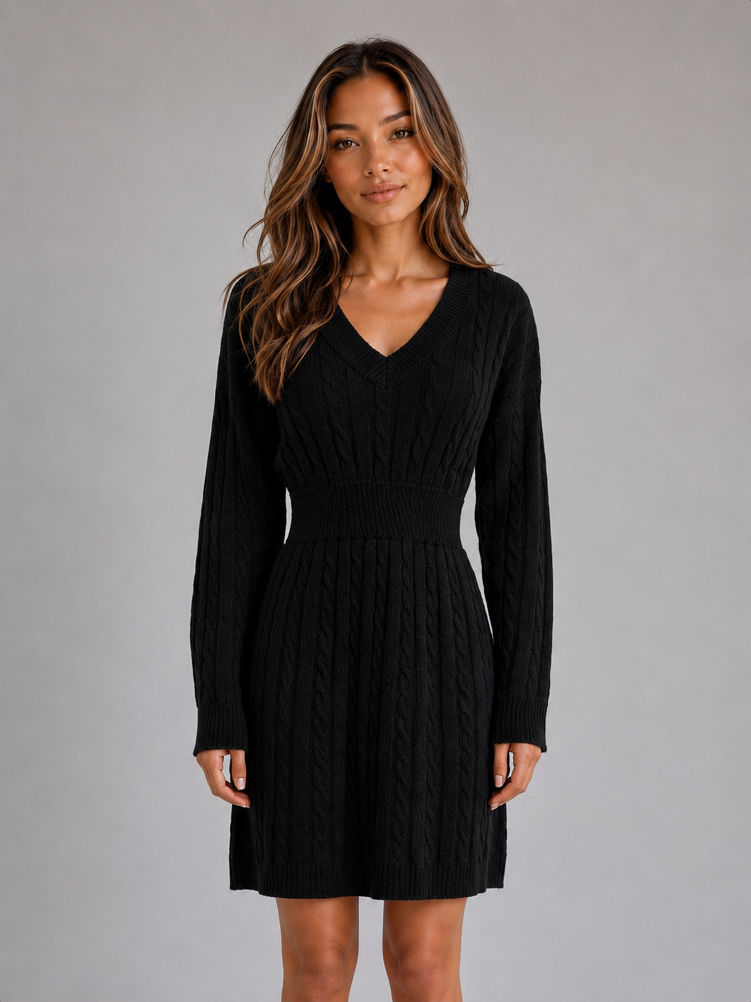 Cable Knit Midi Dress – V-Neck Shirred Waist Fit