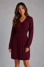 Cable Knit Midi Dress – V-Neck Shirred Waist Fit