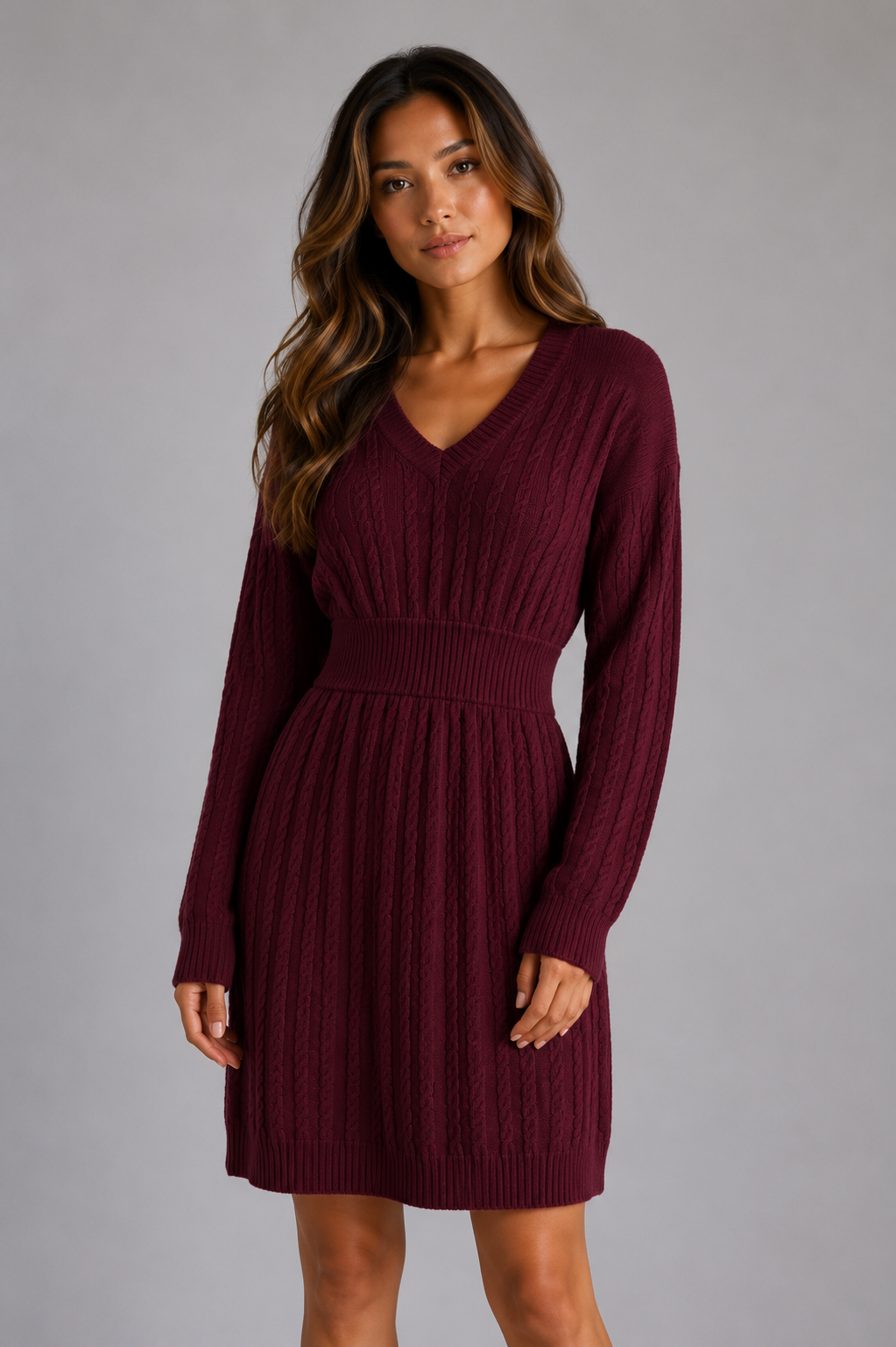 Cable Knit Midi Dress – V-Neck Shirred Waist Fit