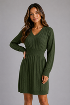 Cable Knit Midi Dress – V-Neck Shirred Waist Fit
