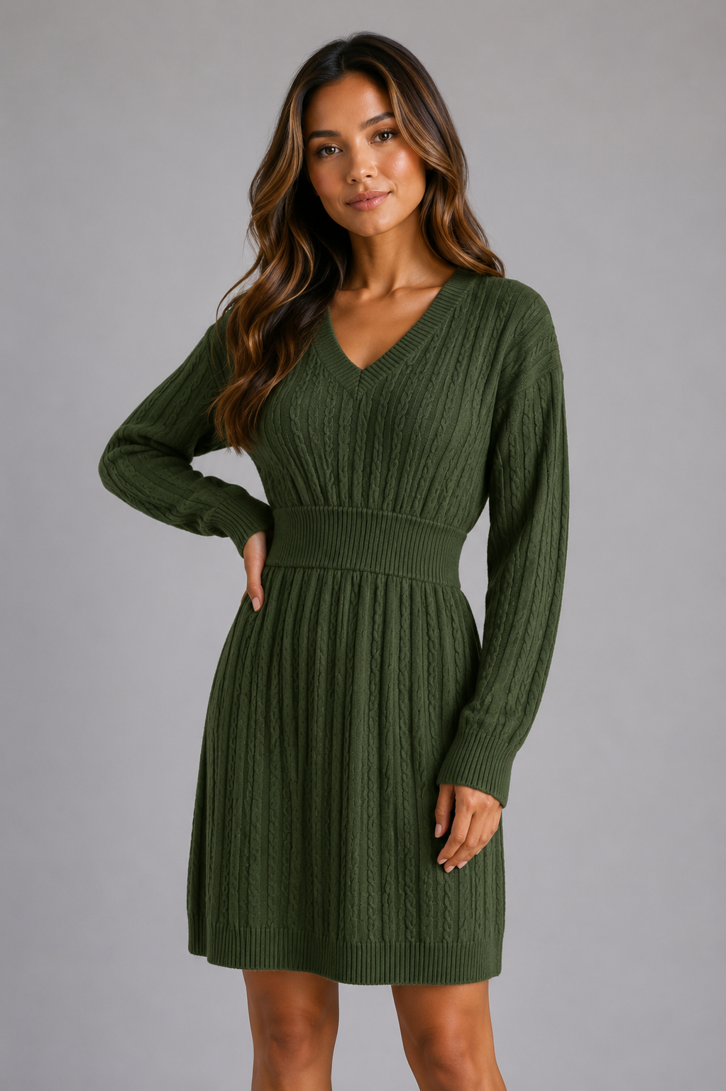 Cable Knit Midi Dress – V-Neck Shirred Waist Fit