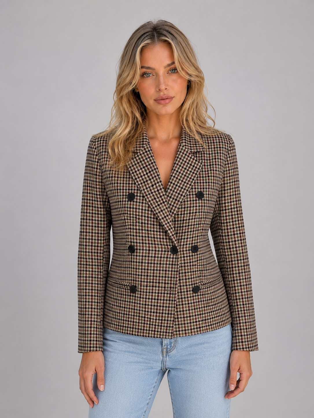 Checked Double Breasted Blazer – Tailored Smart Jacket