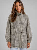 Checked Utility Jacket – High Neck Drawstring Field Coat